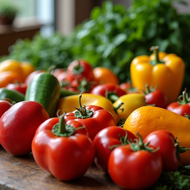 Mesa farta com alimentos frescos e coloridos, com o livro 'Comida de Verdade' ao lado.