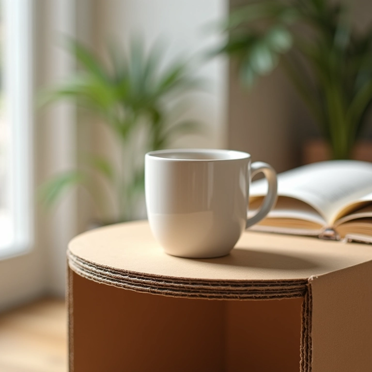 Mesa lateral de papelão com café e livro, design simples e acolhedor.