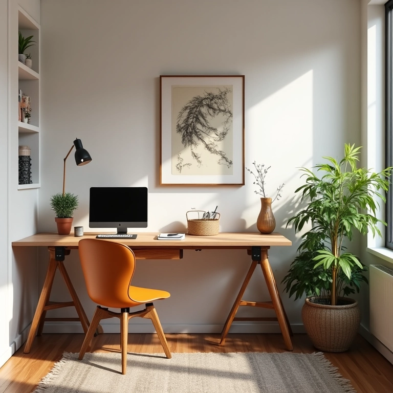 Mesa multifuncional em um home office compacto e moderno.