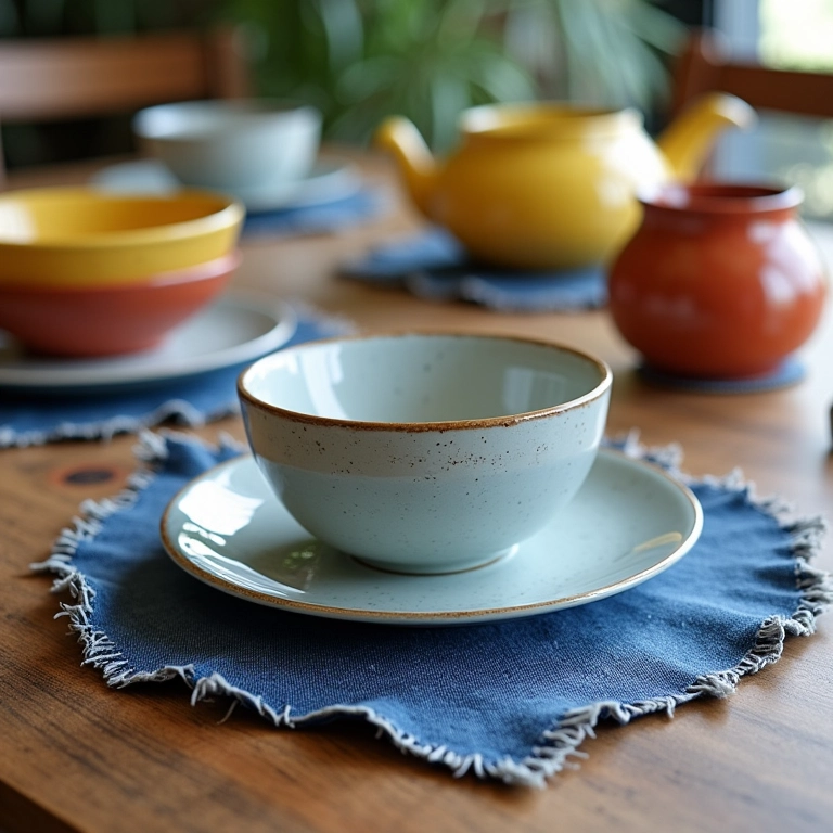 Mesa posta com jogos americanos e porta-copos de jeans reciclado.