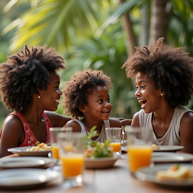 Mesa posta simples e elegante com pessoas diversas aproveitando a refeição.
