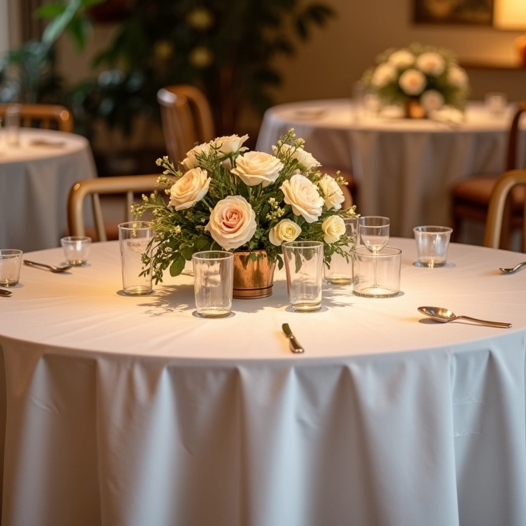 Mesa redonda clássica com decoração aconchegante para festa.