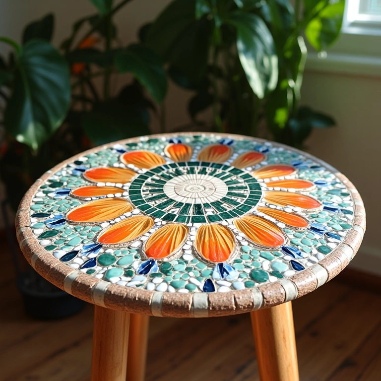 Mesa restaurada com mosaico de casca de ovo no tampo, com cores vibrantes e decoração brasileira.