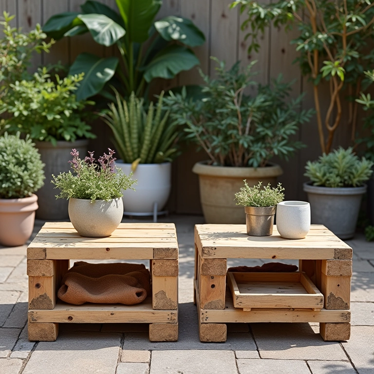 Mesas de centro e laterais de pallets charmosas em uma varanda decorada.