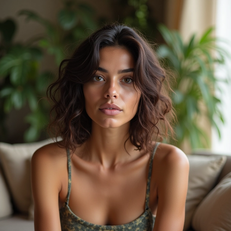 Messy bob em mulher brasileira em sala aconchegante.