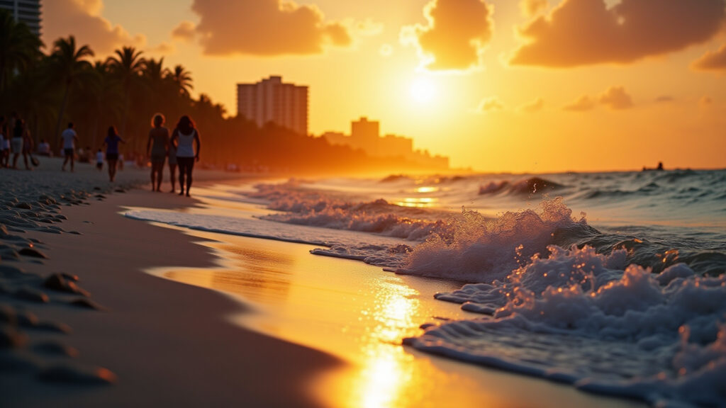 Miami beach at sunset, golden light, ocean waves, silhouette of people, professional photography, Pôr do sol em Miami: Cores douradas no horizonte.