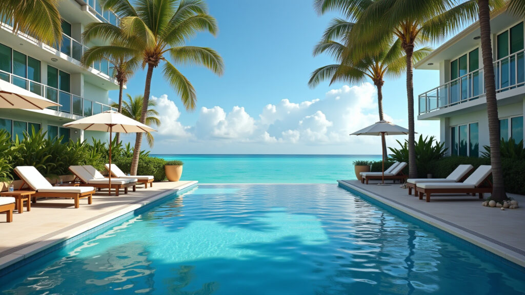 Miami hotel pool, ocean view, palm trees, relaxing atmosphere, professional photography, 8K Piscina em Miami: Relaxamento com vista para o mar.