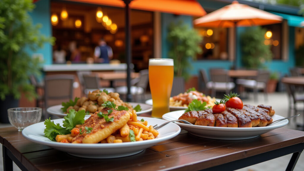 Miami restaurant, outdoor seating, diverse cuisine, vibrant atmosphere, professional photography, Restaurante em Miami: Sabores do mundo em um só lugar.