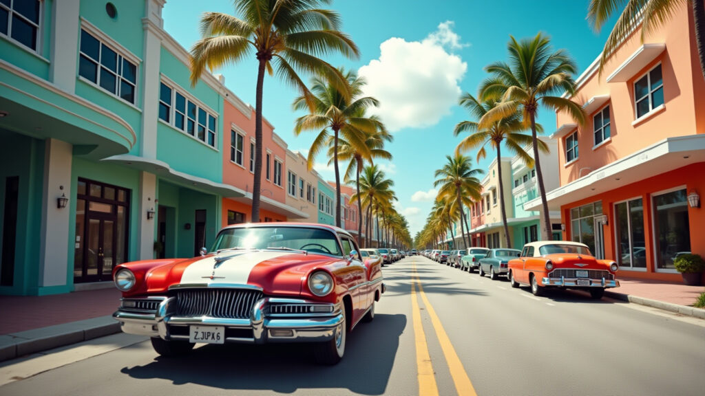 Miami street, classic car, Art Deco buildings, palm trees, sunny day, professional photography, 8K Ruas de Miami: Carro clássico e arquitetura Art Deco.