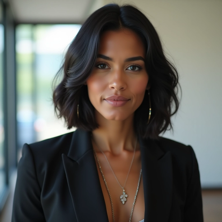 Micro bob em mulher brasileira em escritório moderno.