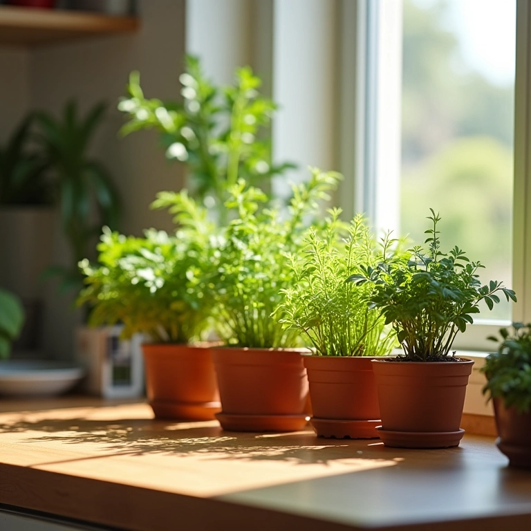 Mini horta em vasos em uma bancada de cozinha ensolarada, com ervas e vegetais.