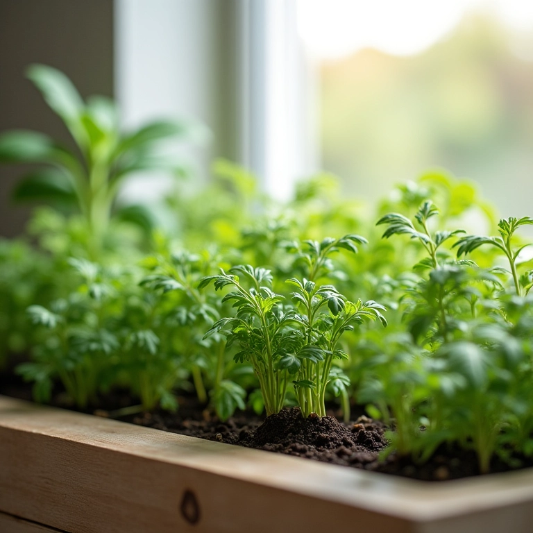 Mini horta na cozinha com ervas frescas crescendo.