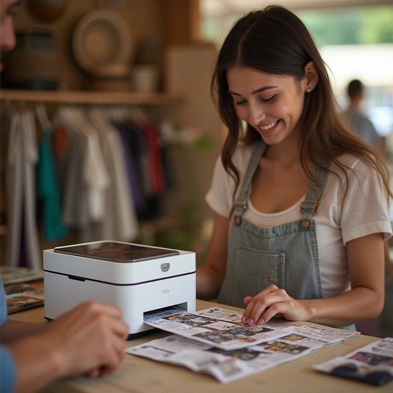 Mini portable printer printing labels at a craft fair booth, artisan smiling, 8K quality, sharp Mini impressora portátil imprimindo etiquetas em feira de artesanato.