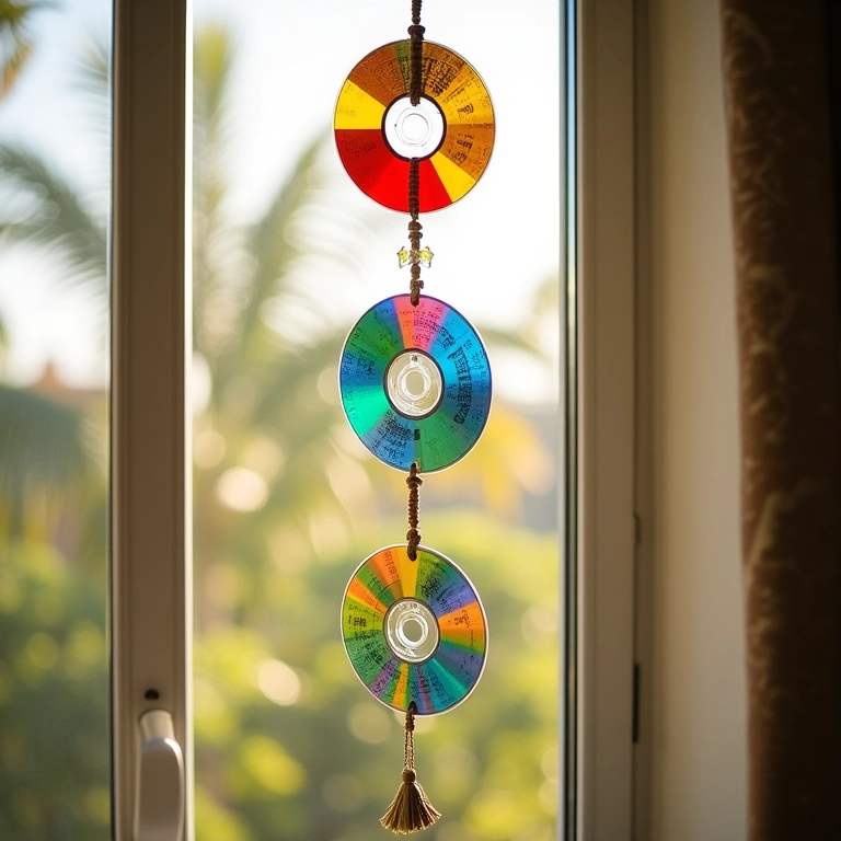Móbile colorido feito de mandalas de CD pendurado na janela.