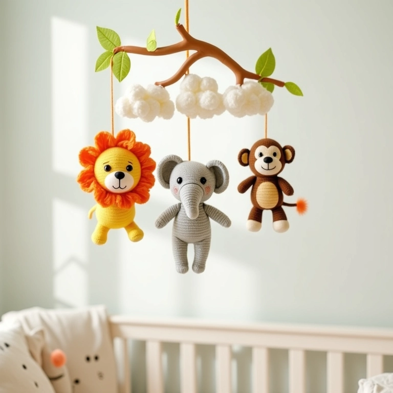 Móbile de amigurumi com animais pendurados sobre o berço do bebê.
