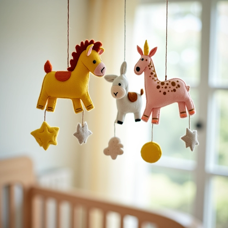 Móbile de feltro com personagens de animais para decoração de quarto de bebê.