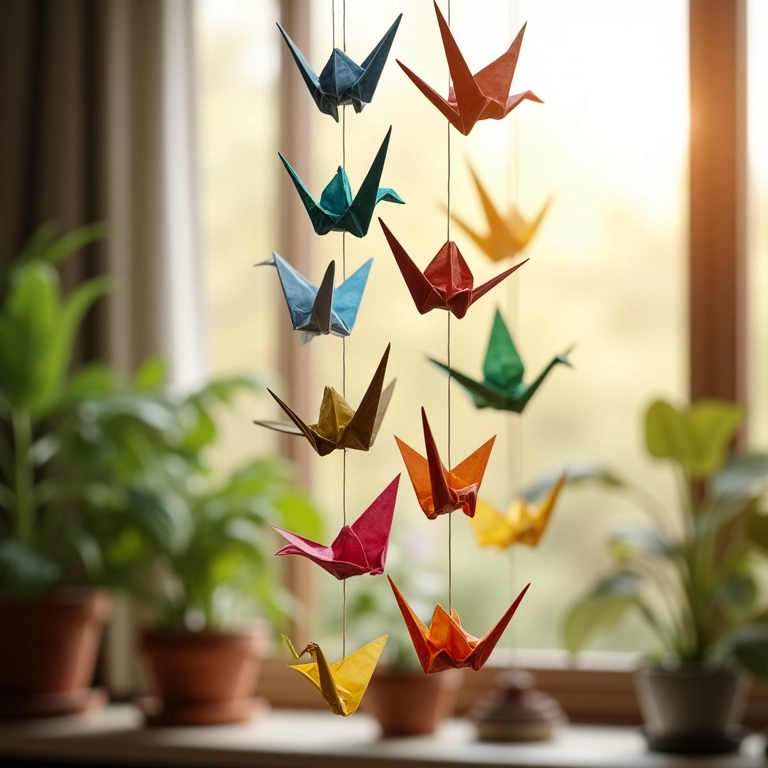 Móbile de tsurus de origami coloridos pendurado em janela ensolarada em sala com design brasileiro.