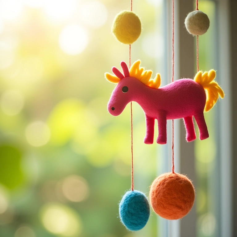 Móbile decorativo de feltro com designs divertidos e coloridos.