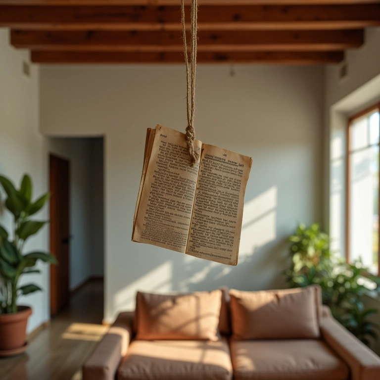 Móbile feito de livros pendurado no teto de um quarto.