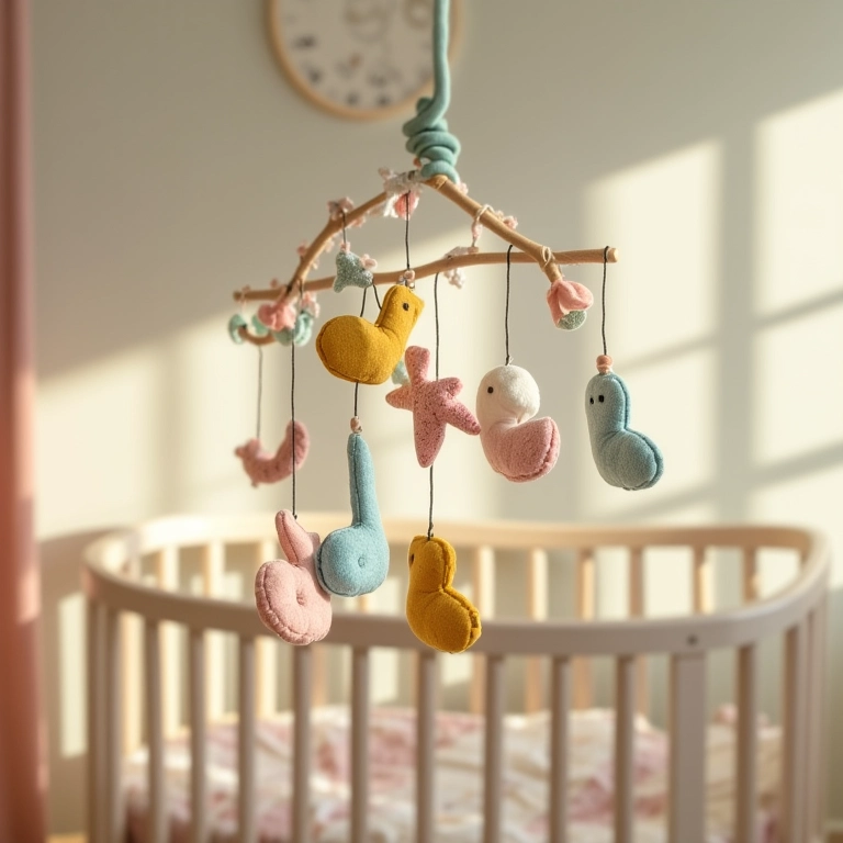 Móbile musical encantador feito de tecido pendurado em berço.