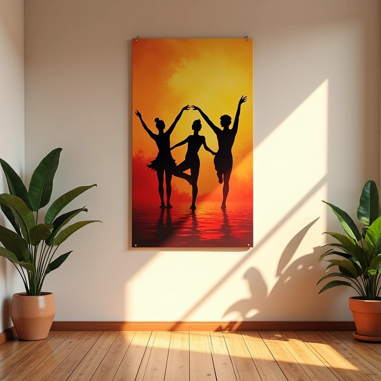 Móbile temático de dança pendurado em um quarto ensolarado.