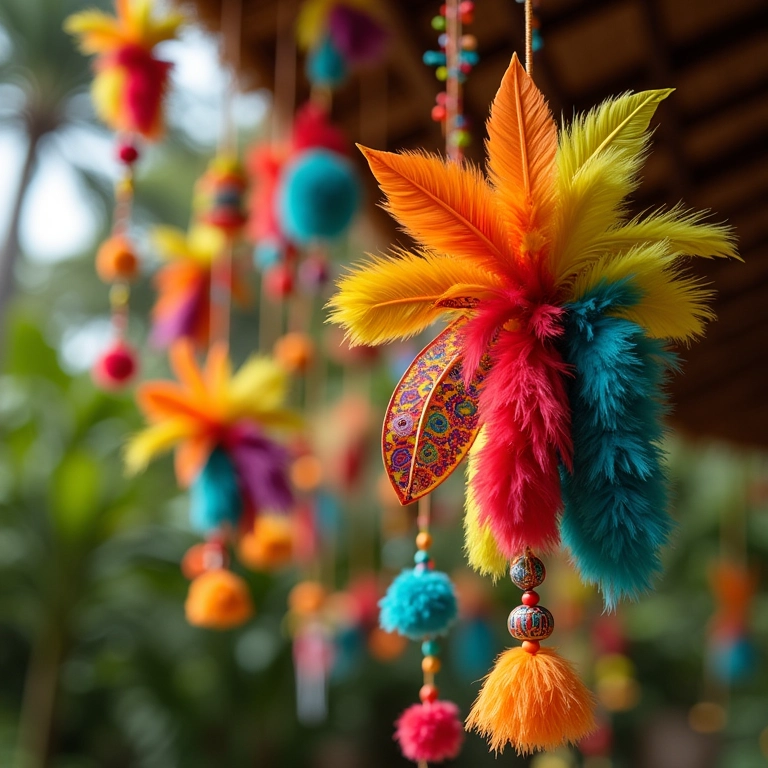 Móbiles coloridos de Carnaval girando em ambiente festivo.