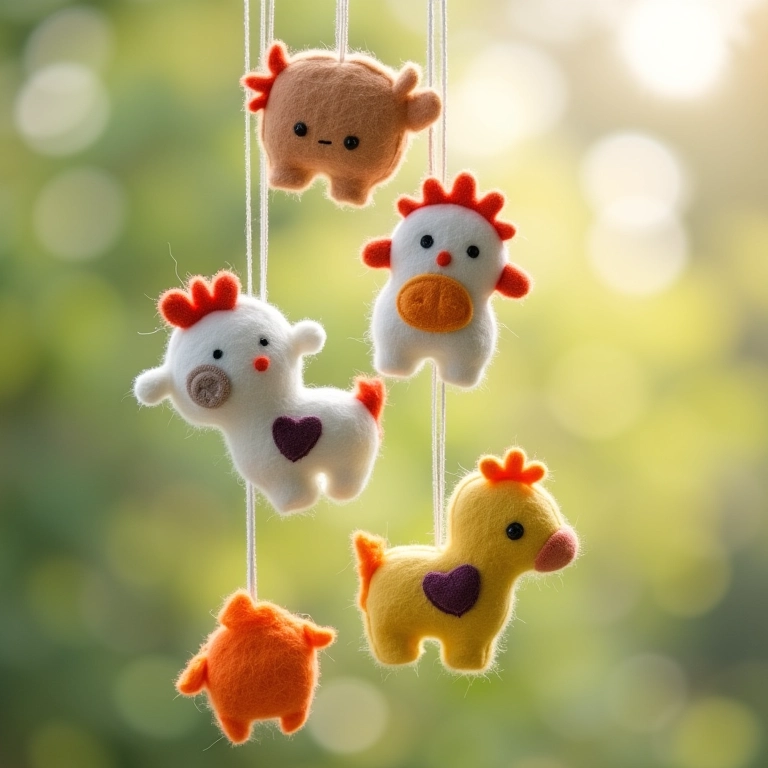 Móbiles de feltro artesanais com tema de bebê.