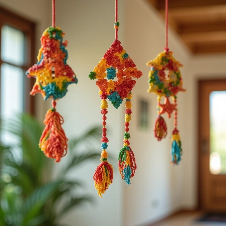 Móbiles decorativos feitos com palitos de picolé pendurados em casa.