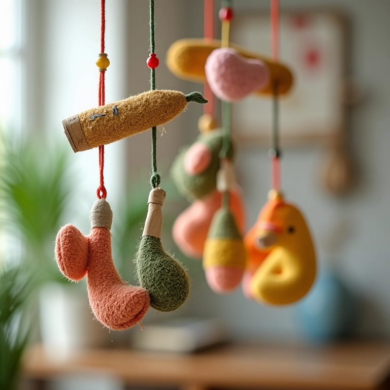 Móbiles sonoros coloridos com materiais naturais pendurados em ambiente interno.