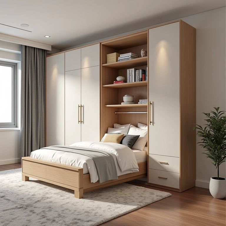 Mobiliário funcional e inteligente em quarto de casal moderno.