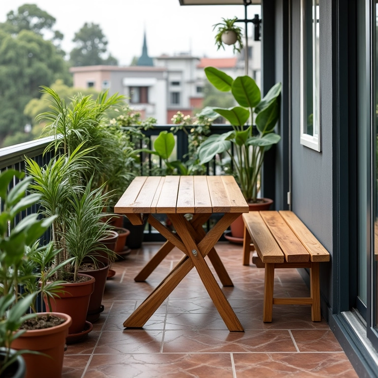 Mobiliário multifuncional otimizando espaço em varanda de apartamento.