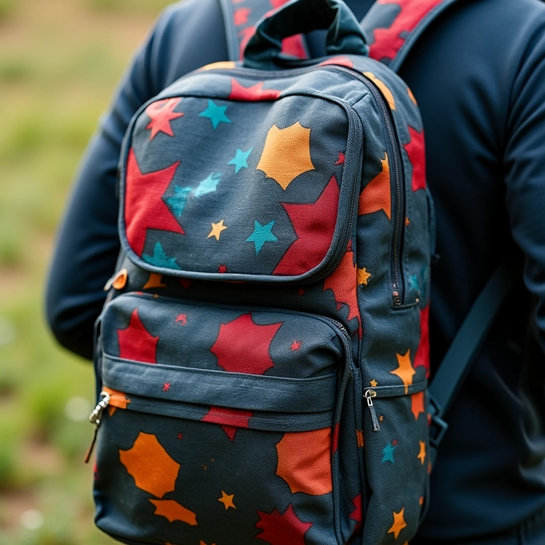 Mochila decorada com patches coloridos.