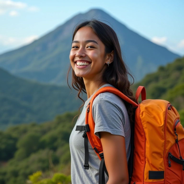 Mochileira brasileira sorrindo enquanto prepara sua mochila para aventura na América do Sul.