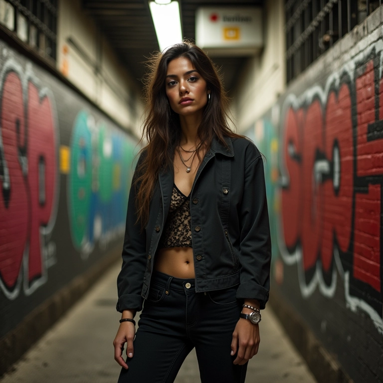 Moda underground em São Paulo, com modelo em beco de grafite.