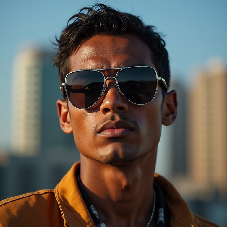 Modelo brasileira com óculos aviador, estilo unissex e moderno.