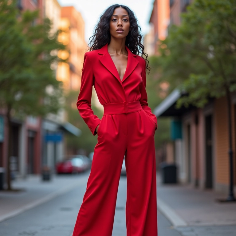 Modelo brasileira elegante usando macacão longo de alfaiataria em cenário urbano vibrante.