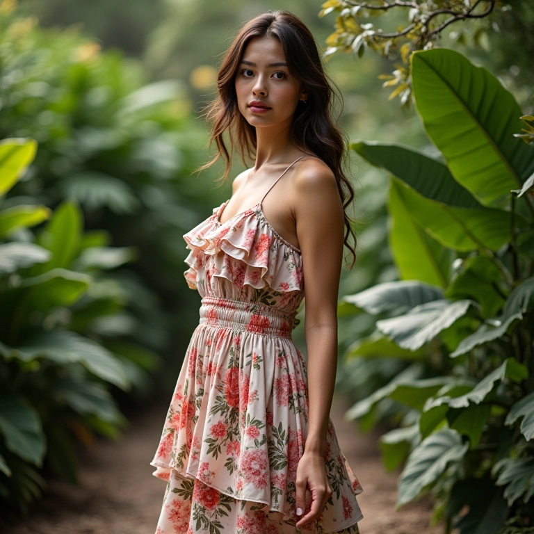 Modelo com vestido longo floral da Farm com babados em jardim botânico.