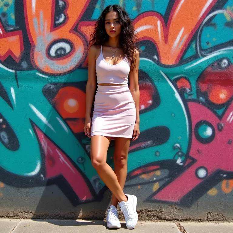 Modelo de saia lápis pastel e tênis em frente a grafite no Rio.