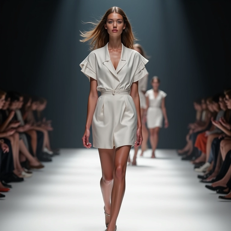 Modelo desfilando com look moderno em estampa vichy.