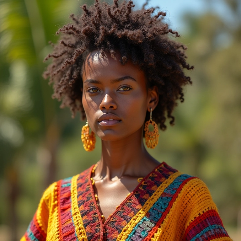 Modelo em Fortaleza usando roupas com detalhes em crochê e cores vibrantes da cultura nordestina.