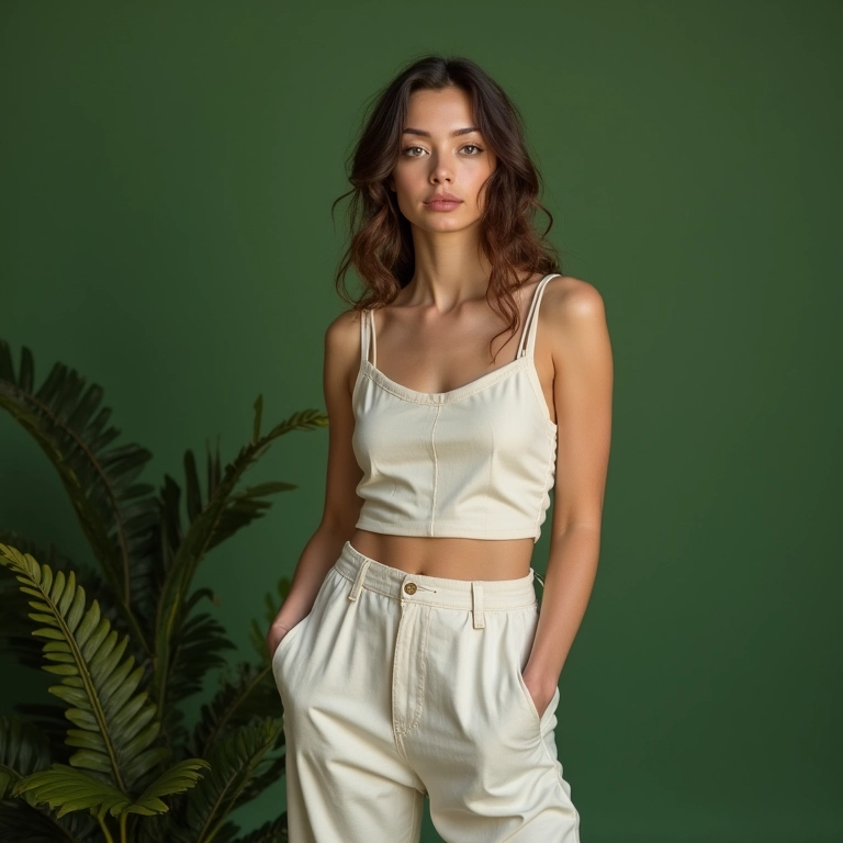 Modelo exibindo a linha de roupas minimalista e sustentável da Ahimsa em um estúdio verdejante.