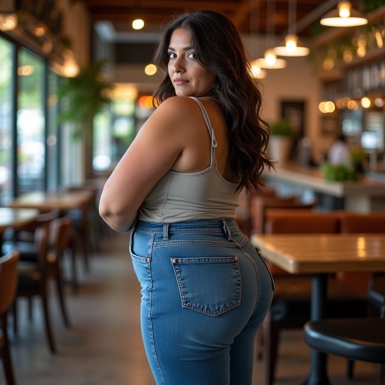 Modelo plus size com jeans de cintura alta em café moderno no Brasil.