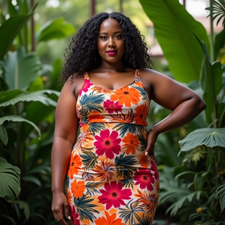 Modelo plus size vestindo vestido Flaminga estampado em jardim tropical.