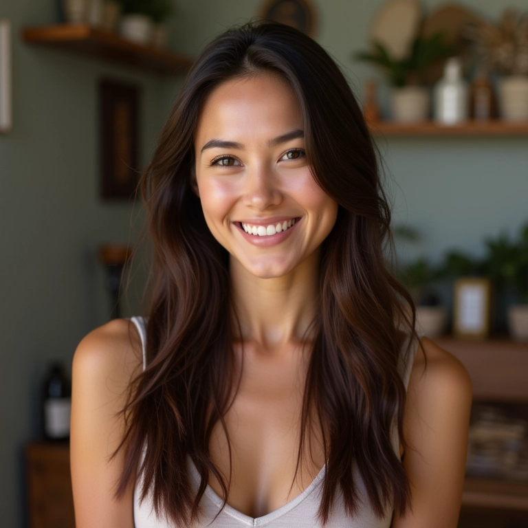 Modelo sorrindo com cabelo liso e sem frizz, após o uso de glicerina.