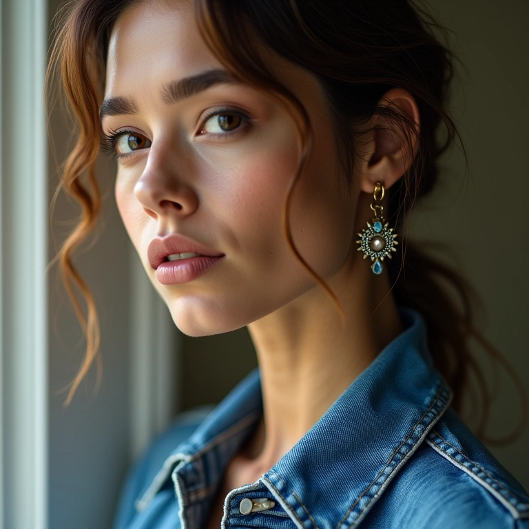 Modelo usando acessórios de moda feitos de jeans reciclado.