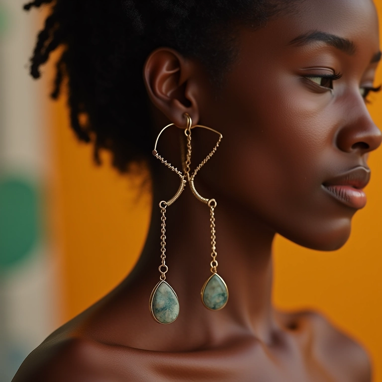 Modelo usando brincos de arame com pedras naturais, fotografia de estilo de vida.
