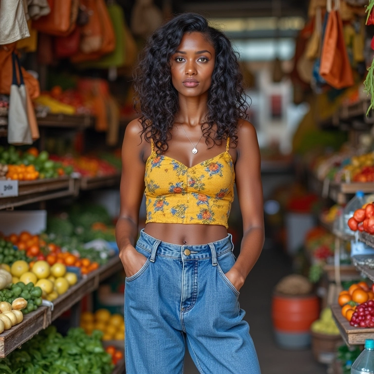Modelo usando jeans de perna larga em mercado brasileiro vibrante, estilo Acubi Fashion.