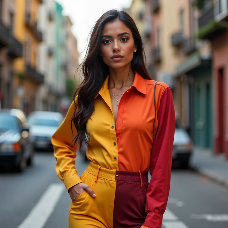 Modelo usando um look com cores triádicas em um cenário urbano brasileiro.