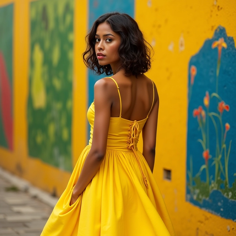 Modelo vestindo vestido amarelo vibrante na Bahia, representando as cores da cultura brasileira.