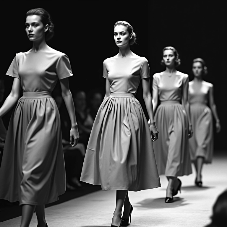 Modelos desfilando o revolucionário 'New Look' de Christian Dior em 1947.